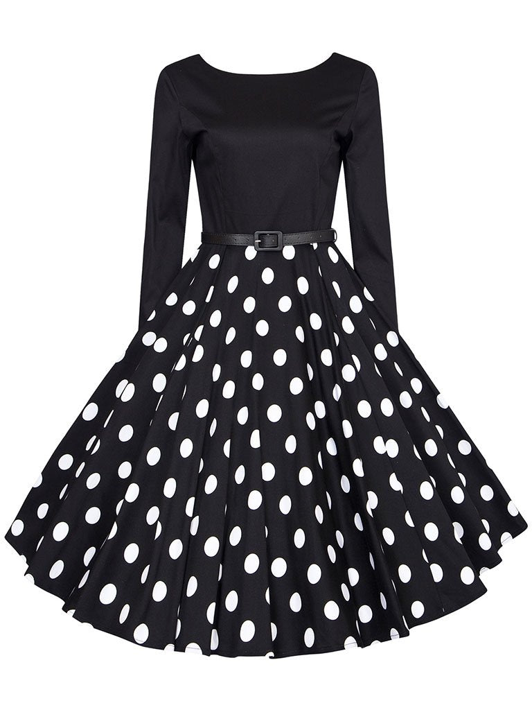Cotton V Back Long Sleeve 50s Flapper Dress, Black / S Cotton V Back Long Sleeve 50s Flapper Dress, Black / S