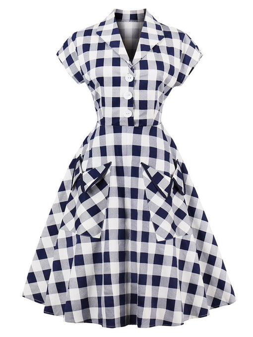 Blue White 1950s Pockets Plaid Dress