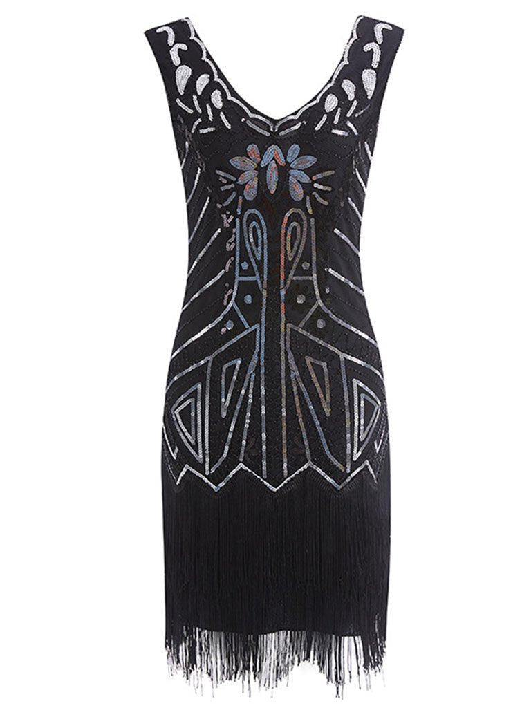 sequin flapper dress uk Queendancer Women Sparkly Black Sleeveless Sequins 1920s Flapper Dress Cocktail Dress with Fringes queendanceruk