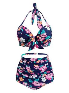 High Waisted Sexy Retro Style Backless Floral Two Pieces Bikini Sets