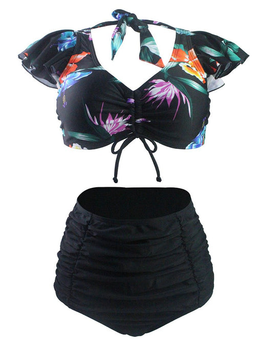 
Black Floral 3D Print V Neck Retro Style Bikinis swimsuits