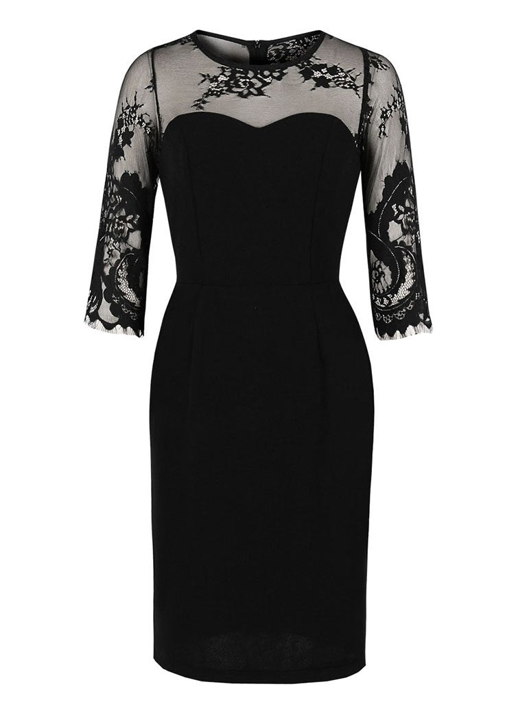 Black Lace 1960S Vintage Bodycon Dress, Black / S Black Lace 1960S Vintage Bodycon Dress, Black / S