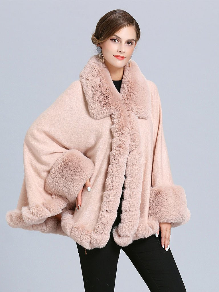 Women Poncho Sweater Faux Fur Coat Shawl Collar