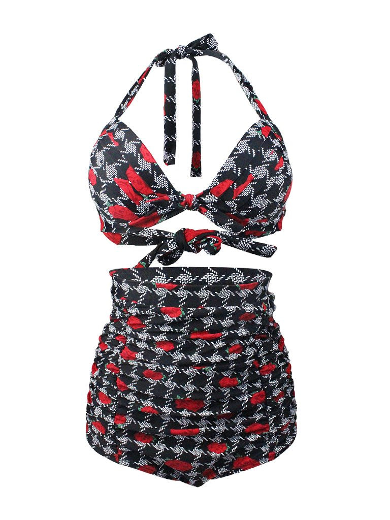 
Houndstooth Pattern With Rose Retro Style Bikinis swimsuits