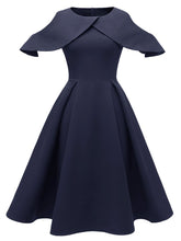 Load image into Gallery viewer, Navy 1950s Open Shoulder Ruffles Vintage Dress