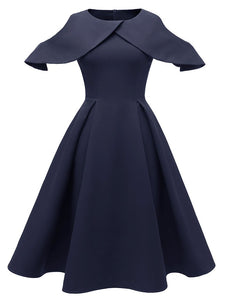 Navy 1950s Open Shoulder Ruffles Vintage Dress