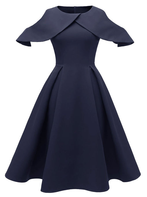 Navy 1950s Open Shoulder Ruffles Vintage Dress