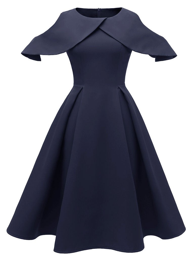 Navy 1950s Open Shoulder Ruffles Vintage Dress