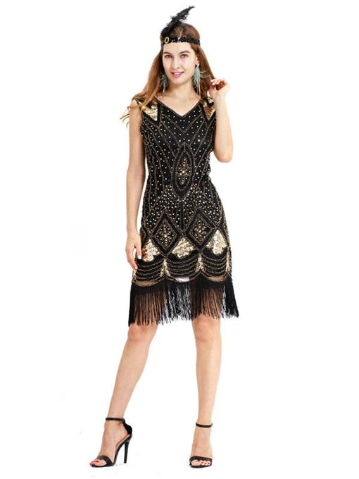 Black Gold 1920s V Neck Sequined Flapper Dres