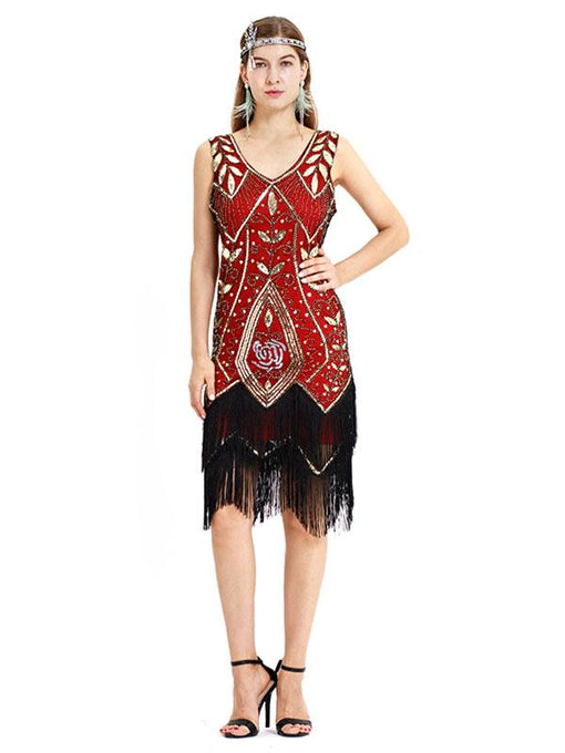 Wine Red 1920s V Neck Sequined Fringed Flapper Dres