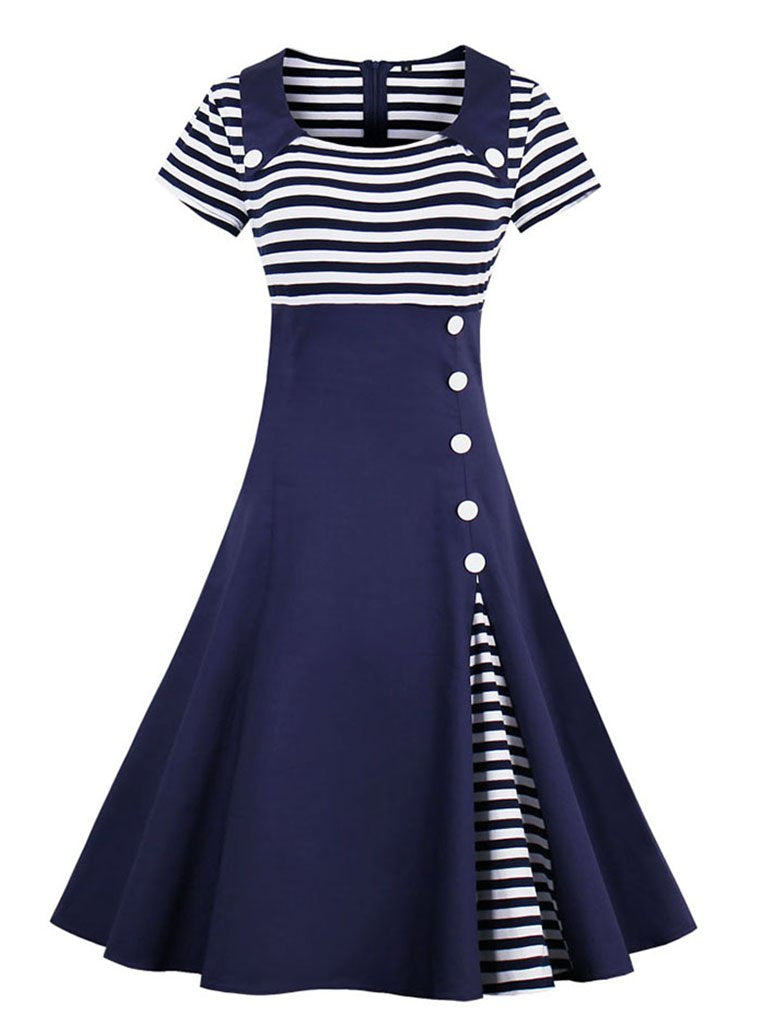 Elegant Stripe High Waist 50s 60s Dress, Navy / XL
