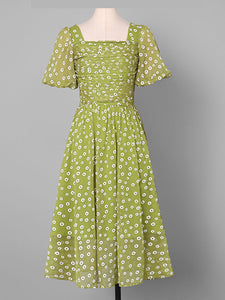 Green Daisy Puff Sleeve Smocking Chiffon 1950S Vintage Dress