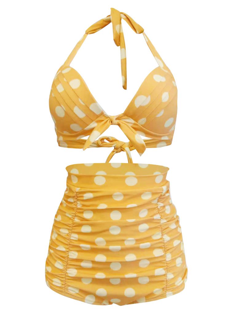 Retro Style High Waisted Elegant Backless Dots Two Pieces Swimsuit Sets