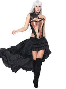 Gothic Costume Halloween Gold Women Corset Ruffles High Low Skirt And Pauldron Outfit