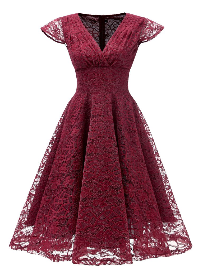 Autumn Lace Cap Sleeve V Neck 50s Party Dress, Wine Red / M