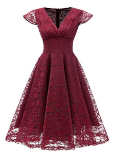 Autumn Lace Cap Sleeve V Neck 50s Party Dress