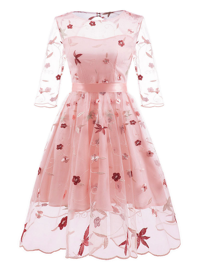 Round Collar Solid Color Embroidered Flower A line Vintage Dress, Pink / S Round Collar Solid Color Embroidered Flower A line Vintage Dress, Pink / S