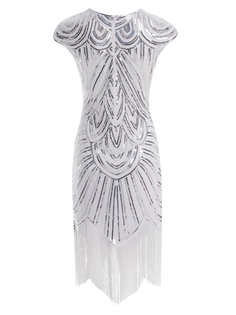 white flapper dress Short Sequined Fringe by Poly USA 7848 S / Ivory shimmering gold sequins and embellished silver beaded detail around the entire dress Steal the spotlight in our