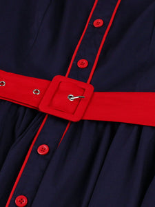 Navy And Red Claasic Collar 1950S Dress With Belt