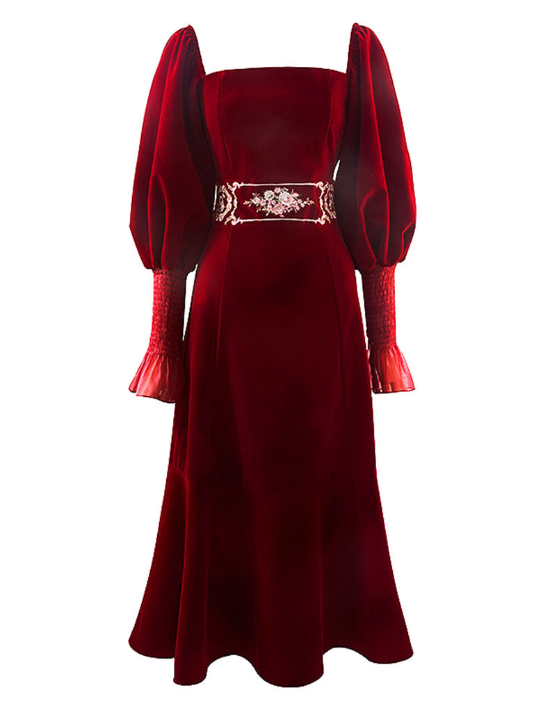 Embroidered Lantern Sleeve Vintage Little Red Dress, Red / S Embroidered Lantern Sleeve Vintage Little Red Dress, Red / S