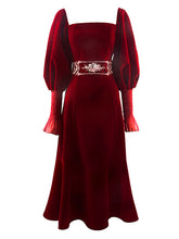 Load image into Gallery viewer, Embroidered Lantern Sleeve Vintage Little Red Dress