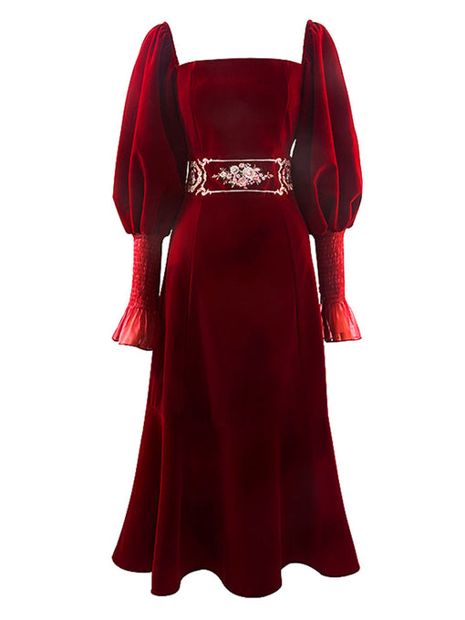 Embroidered Lantern Sleeve Vintage Little Red Dress