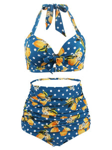 Retro Style Floral Solid Background Two Pieces Bikini Sets