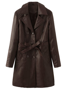 Women's Coat PU Leather Turndown Collar Fall Winter Plush Regular Midi Length Coat Solid Color Coat 