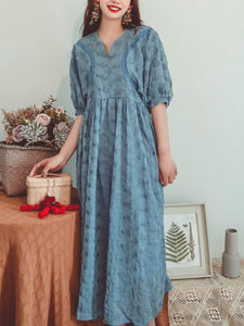 Women's Embroidered Floral Lace Solid Backgrand V Neck Half Sleeve Maxi Boho Dress, Blue / XS Women's Embroidered Floral Lace Solid Backgrand V Neck Half Sleeve Maxi Boho Dress, Blue / XS