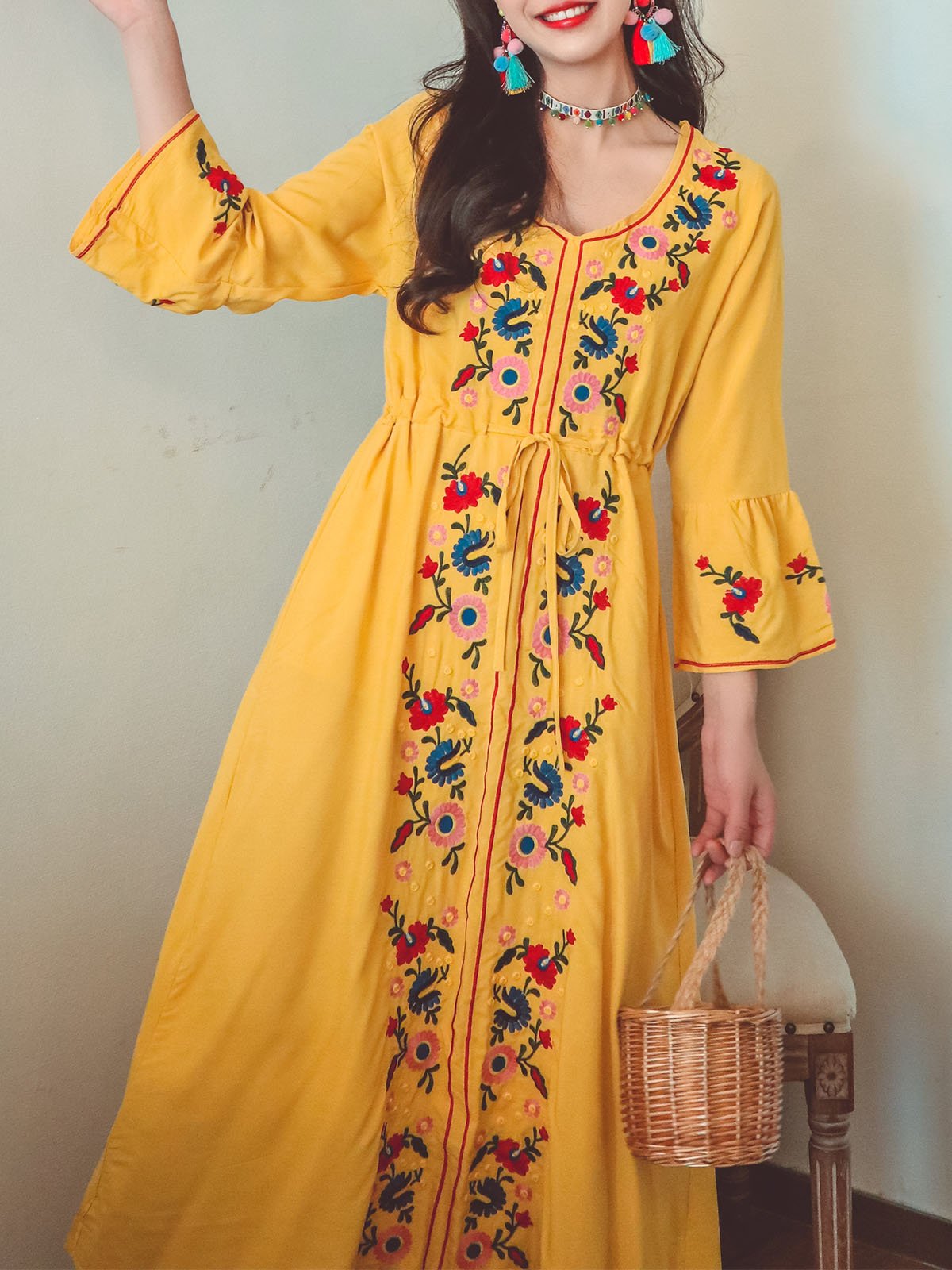 Jolly Vintage Bohemian V Neck Embroidered Floral Flared Long Sleeve Boho Dress, Yellow / M Jolly Vintage Bohemian V Neck Embroidered Floral Flared Long Sleeve Boho Dress, Yellow / M