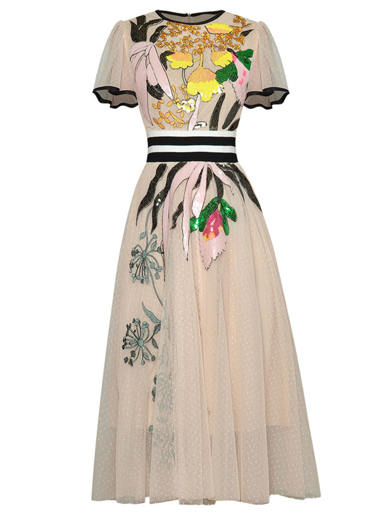 Embroidered Cape Style 1950s Vintage Party Dress Apricot / M Embroidered Cape Style 1950s Vintage Party Dress Apricot / M