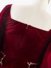 Load image into Gallery viewer, Embroidered Lantern Sleeve Vintage Little Red Dress