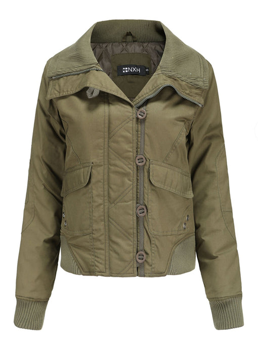 Women's Jacket Street Daily Holiday Fall Winter Turndown Collar Cotton Warm Solid Color Jacket