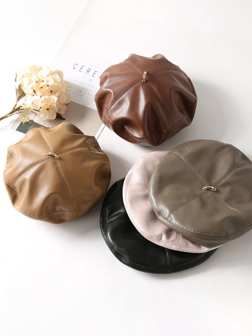 Women Faux Leather Beret Beanie Hat Cap