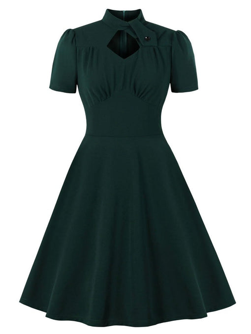 Dark Green Pockets Short Sleeve 50s Dress