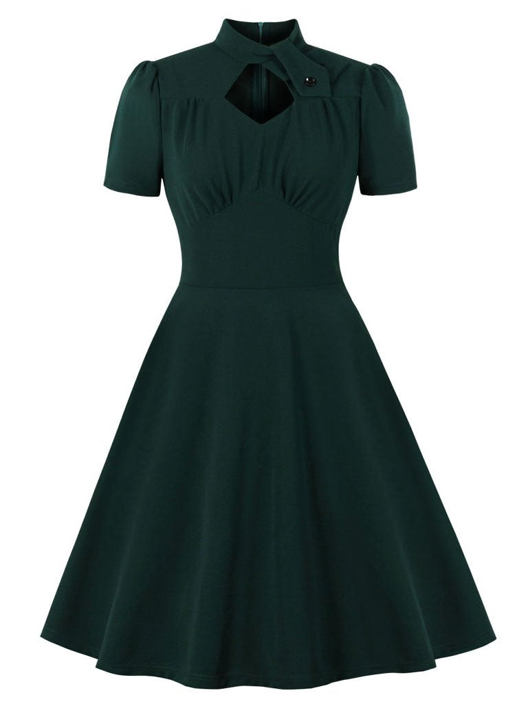 Dark Green Pockets Short Sleeve 50s Dress