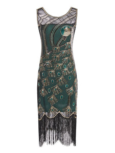 Green 1920s Peacock Sequined Flapper Dress
