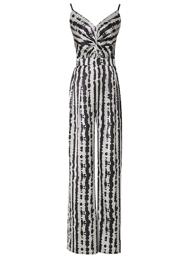 Black And White Animal Print Spaghetti Straps Jumpsuit With Cape