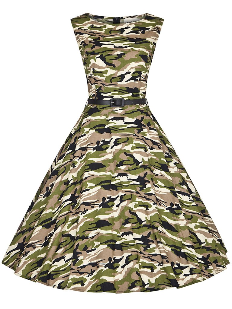 Camouflage Army Style 50s Flapper Dress, Green / 3XL