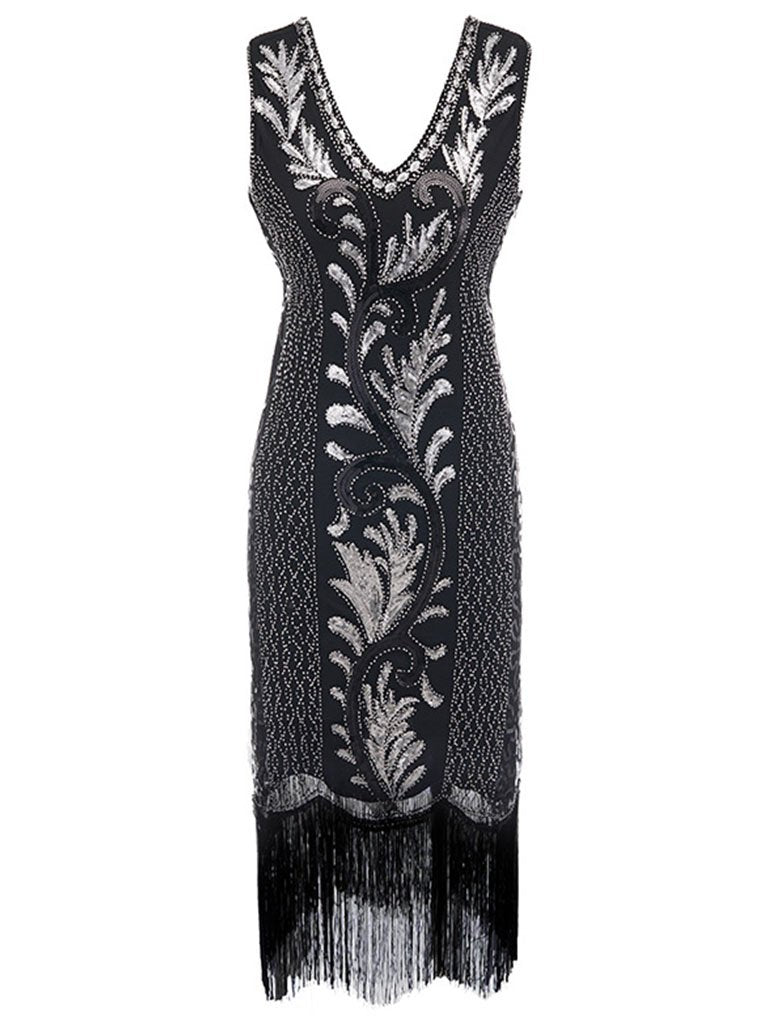 6 Color 1920S Sequined Fringe Peacock Flapper Dress, Silver / XL 6 Color 1920S Sequined Fringe Peacock Flapper Dress, Silver / XL