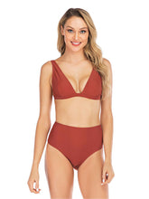 Load image into Gallery viewer, Red High Waisted Two Pieces Striated Triangle Bikini Sets