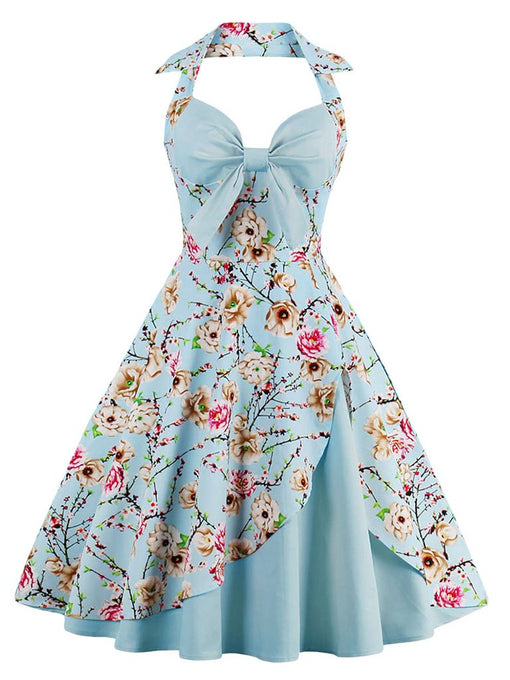 Halter Off Shoulder Floral Bow Retro Dress