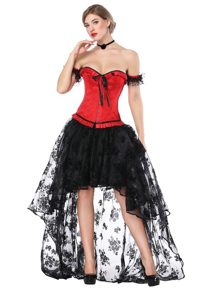 Halloween Costume Gothic Women Red Vintage Corset Top And High Low Skirt