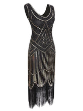 Load image into Gallery viewer, Gold 1920s V Neck Sequined Flapper Dress