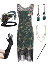 Load image into Gallery viewer, Green Peacock Feather Embroidered 1920S Gatsby Sequined Flapper Dress Set