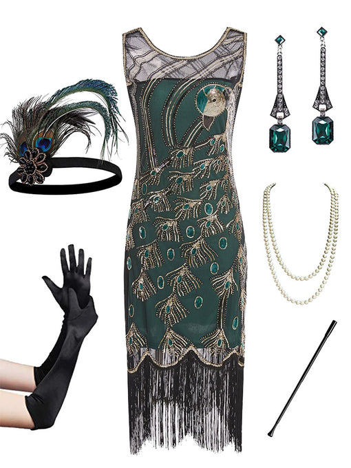 Green Peacock Feather Embroidered 1920S Gatsby Sequined Flapper Dress Set