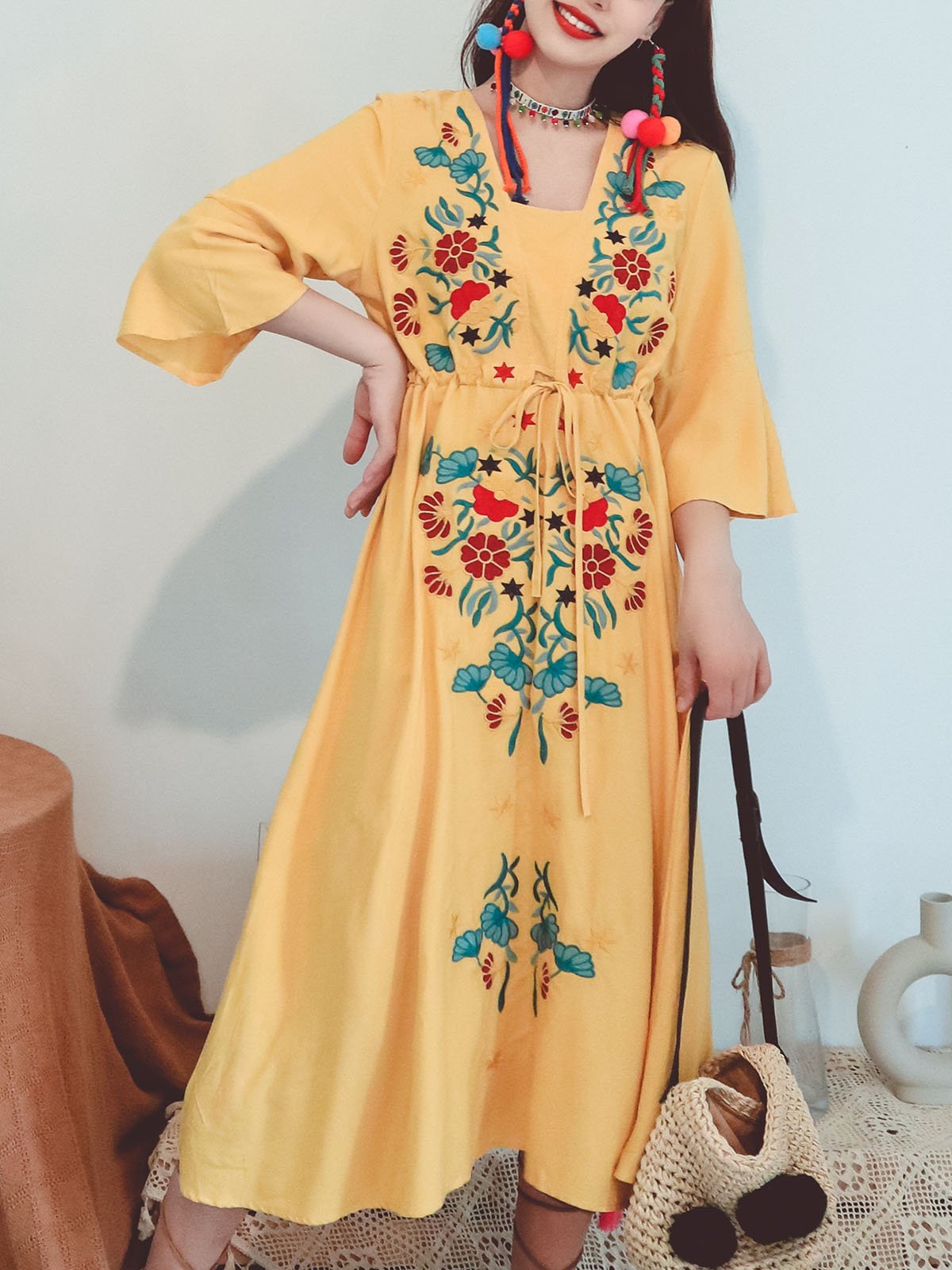 Women's Cotton Embroidered Floral Square Neck Flared Half Sleeve Maxi Boho Dress