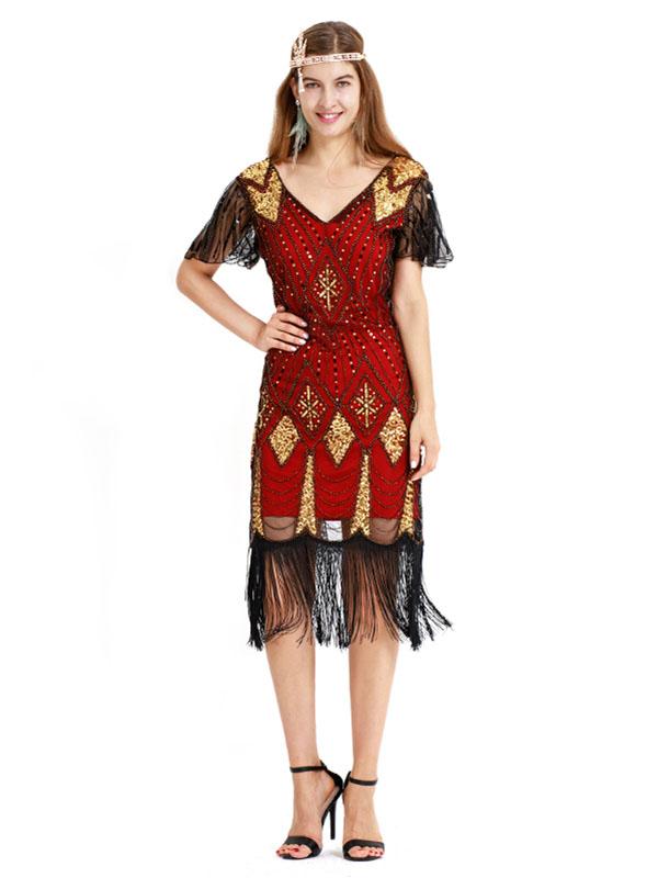 Red Gold 1920s V Neck Sequined Flapper Dress, Gold / XL