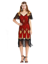 Load image into Gallery viewer, Red Gold 1920s V Neck Sequined Flapper Dres
