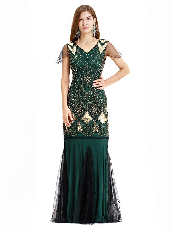 1920s Sequin Gatsby Flapper Long Dress Mermaid Evening Gown Green Gold / M 1920s Sequin Gatsby Flapper Long Dress Mermaid Evening Gown Green Gold / M